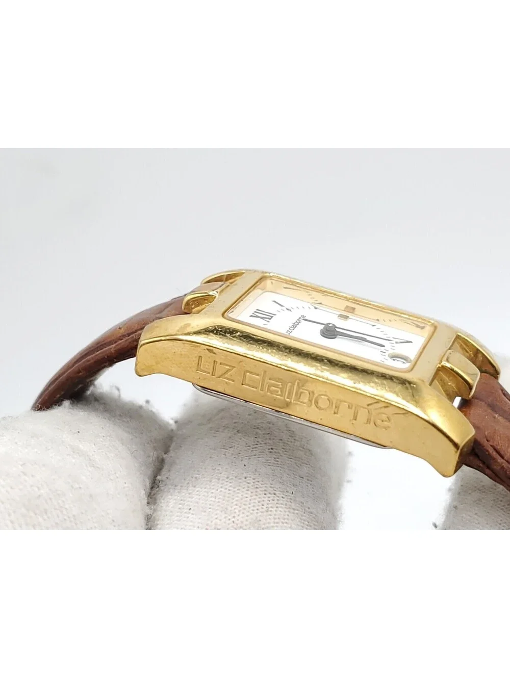 Liz Claiborne Quartz Watch Women New Battery Gold Tone White Date Dial Rectangle